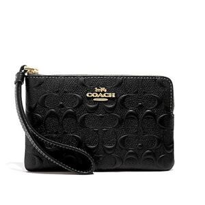 Coach Leather Signature C Leather Zip Around Card Holder Wallet Black